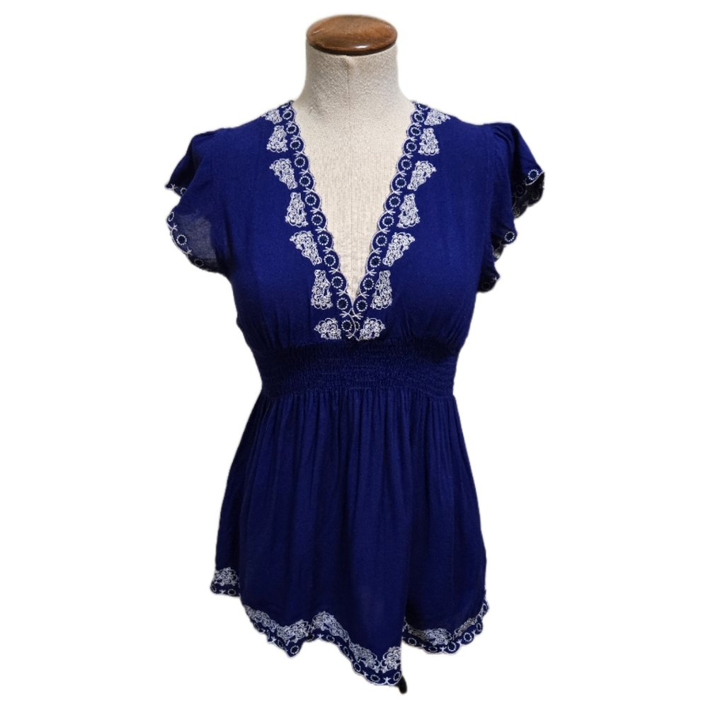 Forever 21 Embroidered Plunge Neckline Smocked Waist Tunic Top Royal Blue S